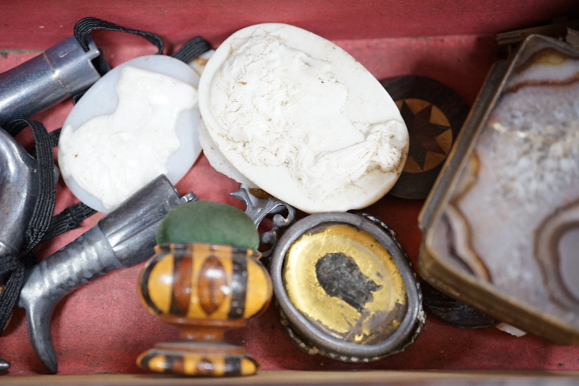 A 19th century yellow metal mounted intaglio pendant, assorted unmounted cameos, snuff box and collectables. Condition - varies